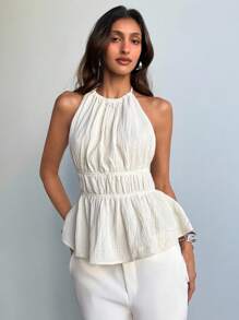 Aloruh Top halter sin espalda con volantes y unicolor simple en estilo de vacaciones sexy para mujer