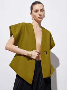 Aveloria Modichic High-End Design Minimalist Elegant Versatile Commute V-Neck Wide Shoulder Silhouette Waist Cinched White Textured Fabric Asymmetric Hem Decorative Button Detail Cap Sleeve Women Jacket