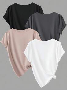 Calvaya Maglietta casual da donna taglie forti, 4 pezzi, tinta unita, scollo rotondo, manica corta, per l'estate