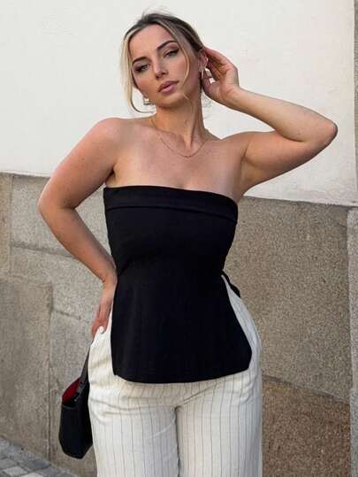 Jeta Ari 素色下擺開叉抹胸上衣