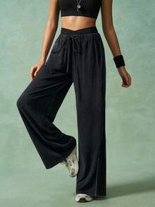 VARSIVA 女式休闲抽绳腰阔腿运动裤，日常穿着 - 黑色 - 查看 6