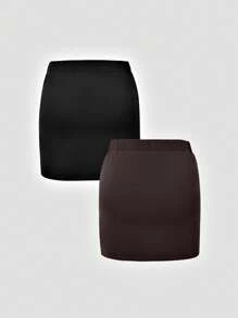 SHEIN BAE 2 chiếc/bộ váy chữ A lưng thun màu trơn thường ngày mùa hè cho nữ - Nhiều màu - Xem 4