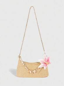 ROMWE Fairycore 1pc Tropical Vacation Style Sea Element Star Chain Decor Straw Shoulder Bag, Lily Flower Decor Underarm Tote Bag - Multicolor - View 1