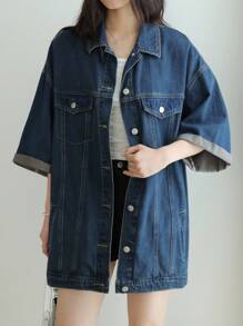 SHEIN Unity Áo khoác denim rộng rãi, giặt thường ngày cho nữ, Áo khoác denim nữ cho giáo viên, Áo khoác nữ cho giáo viên, Áo khoác mùa thu cho trường học - Rửa trung bình - Xem 6