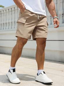 Manfinity Homme Quần short Cargo có túi rút dây thường ngày dành cho nam, có nhãn da nhỏ - Màu Khaki - Xem 1