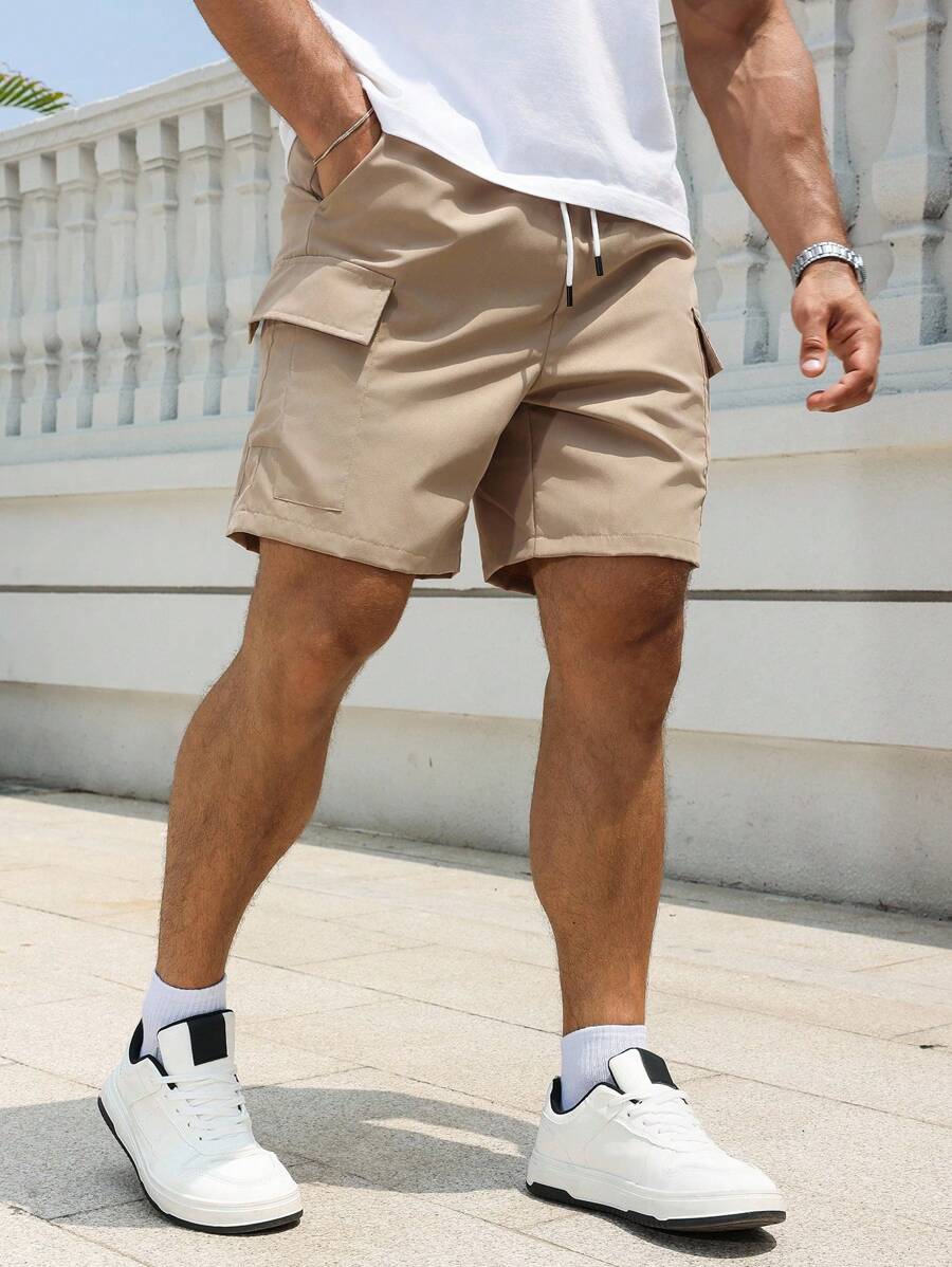 Manfinity Homme Quần short Cargo có túi rút dây thường ngày dành cho nam, có nhãn da nhỏ - Màu Khaki - Xem 1