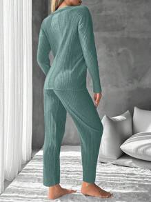 EURMUSE Women's Printed Text & Striped Ribbed Knit Homewear Set - Dark Green - View 2