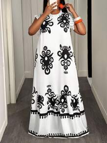 Slaydiva Đầm dài dáng rộng in hoa cho nữ cỡ lớn, cổ cao giả, bèo nhún, kiểu dáng đi nghỉ mát. - Đen và trắng - Xem 6