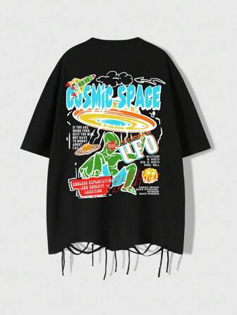 Street Life Camiseta casual de hombre con estampado de grafiti y rasgada, de marca de moda