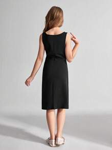 Ontre Tween Girls' Floral 3D Decor Boat Neck Sleeveless Ruched Fashion Dress - Black - View 2