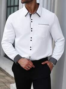 Manfinity Mode Men Plus Size Plaid Contrast Sleeve Trim Single Breasted Casual Shirt, Fall - White - View 1