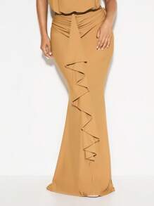 KIZN Sleeveless High Neck Mermaid Evening Gown Ruched Waist Detail Side Ruffle Draped Back Design Floor Length Formal Wedding Guest Party Dress Fall Winter - Yellow - View 5