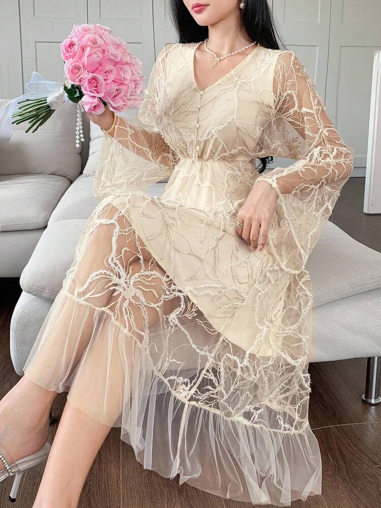 Elegant Floral Texture V-Neck Ruffle Sleeve Women's Mid-Length Dress Wedding Guest Dress Sundress