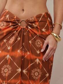 Boho Tile Print Ruched Summer Skirt With Wood O-Ring Ornament Detail - Brown - View 2