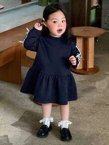 DAZY Baby Girl Round Neck Solid Color Spring & Autumn Fleece Stripe Bow Decor Mid-Length Dress - Blue - View 4