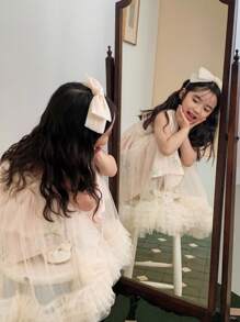 Dazy Kids 少女夏季花卉印花无袖连衣裙和网眼罩衫套装 - 杏色 - 查看 8