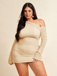 SHEIN BAE Đầm ôm body lưới xếp nếp cổ dài tay không đối xứng màu đen cỡ lớn dành cho nữ, gợi cảm & phù hợp cho mọi hoạt động hàng ngày, đi chơi, hẹn hò, trà chiều, kỳ nghỉ, mùa xuân/hè, trở lại trường, công sở - Màu be - Xem 6