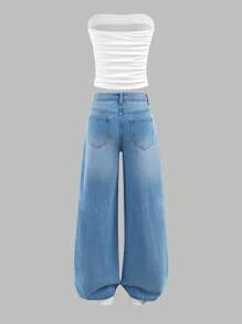 SHEIN Girlism 2 peças/Conjunto Teen Garota Look Denim Branco Top Bandeau de Tricô e Calça Denim Reta Azul