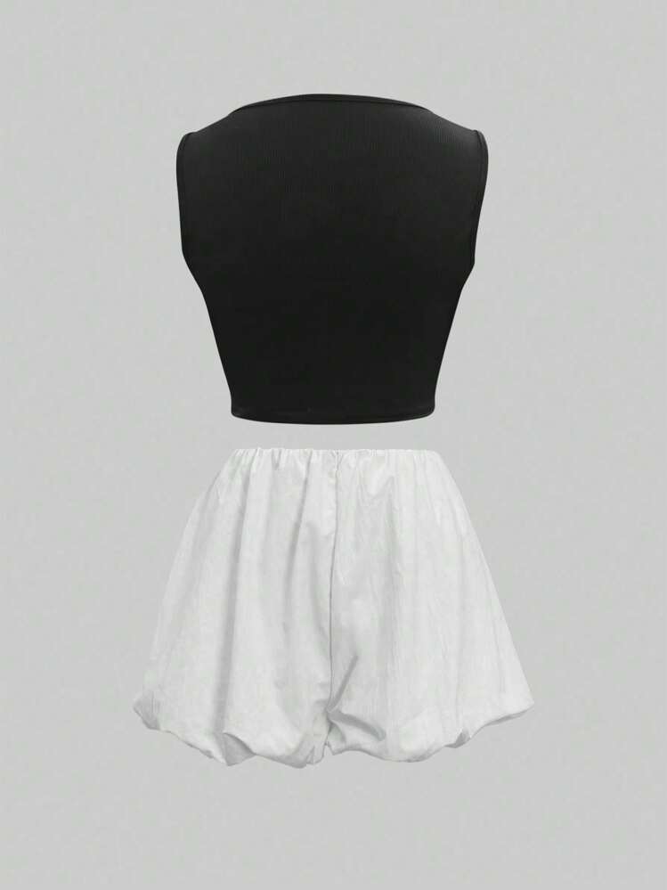 INAWLY 休閒實色背心＆實色短褲 - 黑色 - 查看 2