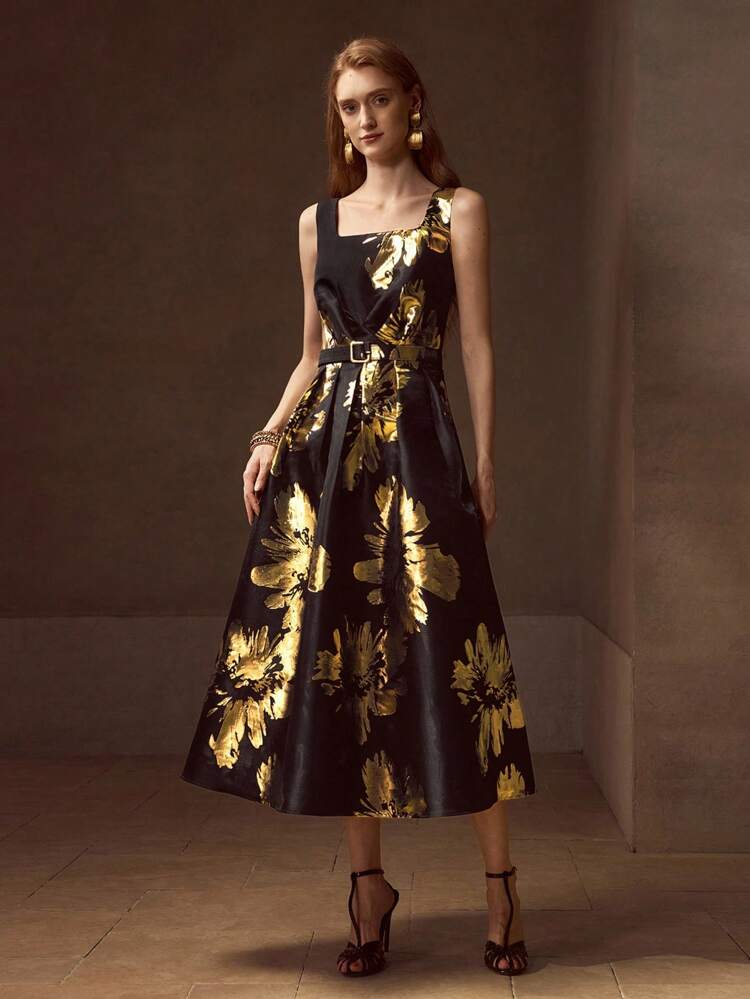FLORAL PRINT BELTED MIDI DRESS