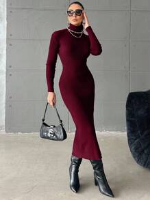 EURMUSE Women's Elegant Solid Color High Neck Bodycon Sweater Dress,Petite - Burgundy - View 4