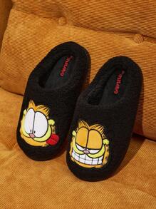 GARFIELD | SHEIN 时尚可爱的撞色毛绒包趾拖鞋，柔软羊毛泰迪夏尔巴，刺绣图案，男女通用，适合室内穿着，春季、秋季、冬季 - 黑色 - 查看 2