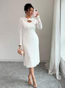 Elenzga Vestido largo de manga larga con encaje, vestido blanco elegante y casual para usar en casa y al aire libre - Blanco - Ver 2