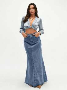 SHEIN Tall Women's High Waist Pockets Frayed Hem Extra Long Casual Denim Midi Skirt - Teal Blue - View 7
