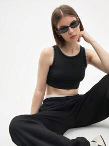 Gameset SHEIN Sport 女式圆领罗纹休闲健身运动背心 - 黑色 - 查看 6