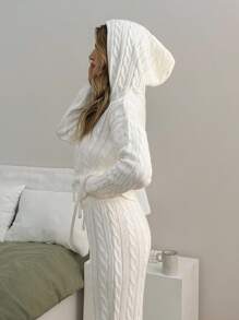 EURMUSE Damski jednolity kolor, dzianinowy wzór, sznurowany sweter z kapturem i spodnie