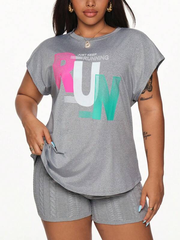 SHEIN Sport Gameset Plus Size Casual Letter Print Sports Tank Top