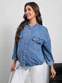 SHEIN 孕妇休闲日常水洗翻折口袋牛仔夹克