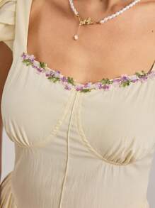 Modelyn Women's Floral Decor Sweetheart Neck Ruffle Detail Elegant A-Line Dress - Apricot - View 7
