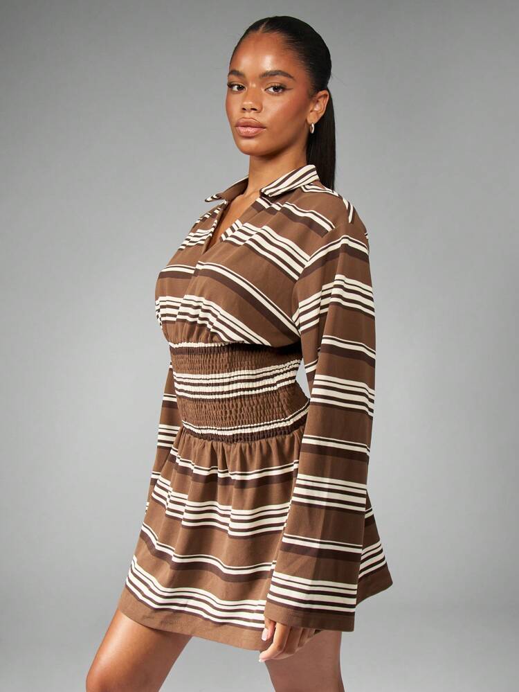 MISSGUIDED Retro Stripe Long Sleeve Mini Dress Smocked Waist Collared Neckline Fall Winter Spring Party Casual Office Work Wear Pullover Style Day Dress