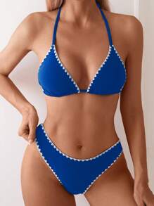 Swim Basics Women Floral Trim Halter Style Bikini Set For Summer Beach Vacation - Teal Blue - View 3