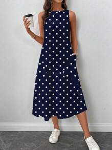 SHEIN LUNE Đầm nữ chấm bi dáng lửng, cổ tròn, thích hợp cho mùa xuân và hè, kiểu dáng thanh lịch, thích hợp đi chơi. - Nhiều màu - Xem 5