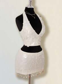 SHEIN ICON Bộ 2 món váy cưới hở vai đính sequin lấp lánh dự tiệc màu sâm panh thanh lịch và váy ngắn cạp thấp dành cho nữ - Màu be - Xem 3