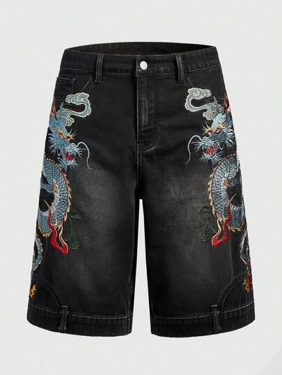 Street Life Men's Summer Dragon Print Denim Shorts