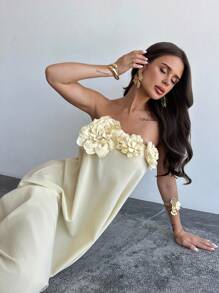 Firerie Women's New Elegant Romantic Vacation Beach Afternoon Tea Party Outfit Cream Yellow Strapless 3D Floral Decor A-Line Loose Dress, Summer Wear, Back To School, Airport Outfit, Going Out, Butter Yellow, Vacation Outfits Woman, Graduation Dress