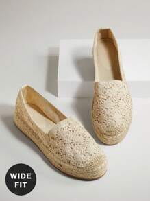 SHUZIA 宽版女式时尚休闲舒适网眼蕾丝镂空圆头平底鞋 - 米色 - 查看 3
