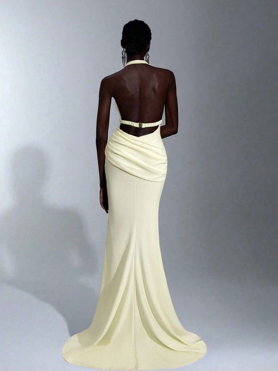 Elitara Đầm Maxi đuôi cá xếp ly hở lưng có khóa kim loại thanh lịch, dây buộc mảnh, thích hợp cho các buổi hẹn hò, tiệc độc thân, lễ tốt nghiệp, sự kiện trang trọng, dạ tiệc - Màu be - Xem 1