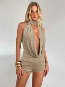Aloruh Bộ 2 món áo hở lưng cổ chữ V sâu gợi cảm và quần short siêu mini cho nữ - Màu Khaki - Xem 4