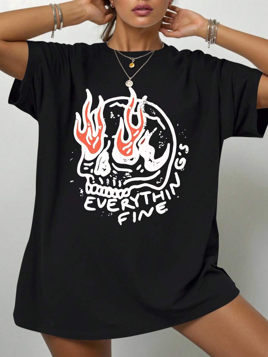 SHEIN EZwear 大码休闲夏季骷髅印花T恤