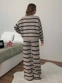 EURMUSE 女士条纹圆领落肩套头衫和毛衣裤套装
