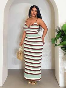 Veslaya Vestidos elegantes de outono para mulheres, primavera/verão 2025, novos, casuais, férias, traje para concerto country, vestido para convidada de casamento, vestido longo listrado de malha com alças finas e costas abertas, vestido suéter plus size - Multicolorido - Ver 7