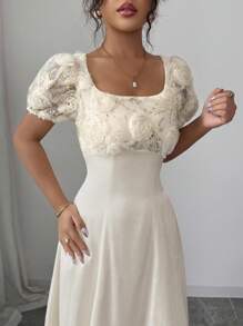 Elenzga Women's Elegant Floral Lace Textured Satin A-Line Maxi Dress, Square Neckline