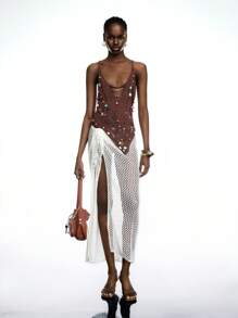 LYSMO Áo hai dây gợi cảm trang trí hạt cườm trơn màu dành cho nữ - màu nâu - Xem 6