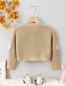 SHEIN 女童长袖花朵纽扣开衫，适合秋冬季节穿着。女童开衫毛衣，花朵开衫，少女开衫，女童针织开衫，开衫毛衣，少女毛衣披肩开衫 - 卡其色 - 查看 2
