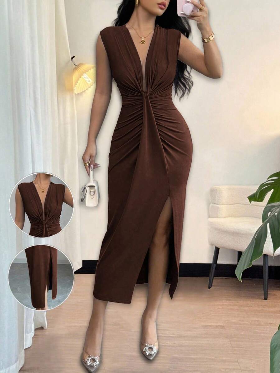 Rafferiza Elegant Sleeveless Navy Blue Deep V-Neck Draped Hem Slit Dress For Women, Spring/Summer - Mocha Brown - View 1