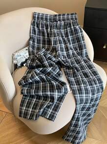 SHEIN Women Plaid Drawstring Waist Loose Fit Wide Leg Casual Pants Fall Cloth For Women - Multicolor - View 2